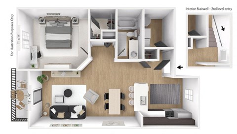 Floor plan for 1 bed, 1 bath, 771 sqft